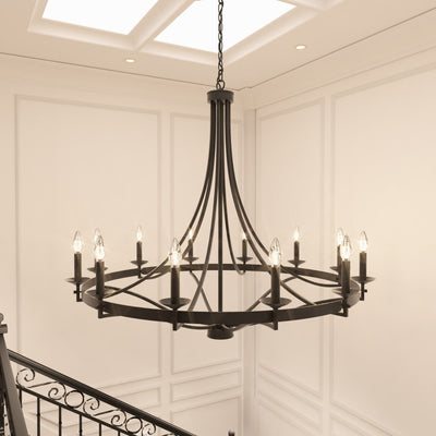 Lustre Empire à 12 lumières de style ferme moderne Fidenza avec roue de chariot et UL - D40'' * H135''