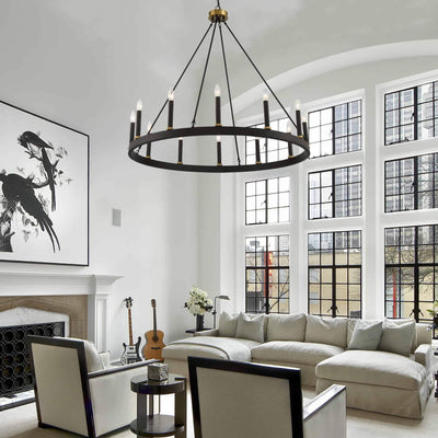 Lustre Acroma Farmhouse à 12 lumières, 40 po, en forme de roue de chariot, certifié UL - 40 po P x 138 po H