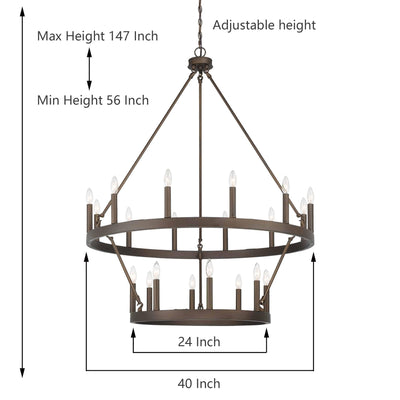 Lustre rond en forme de roue de chariot de style ferme moderne Acroma à 20 lumières de 40 po avec UL