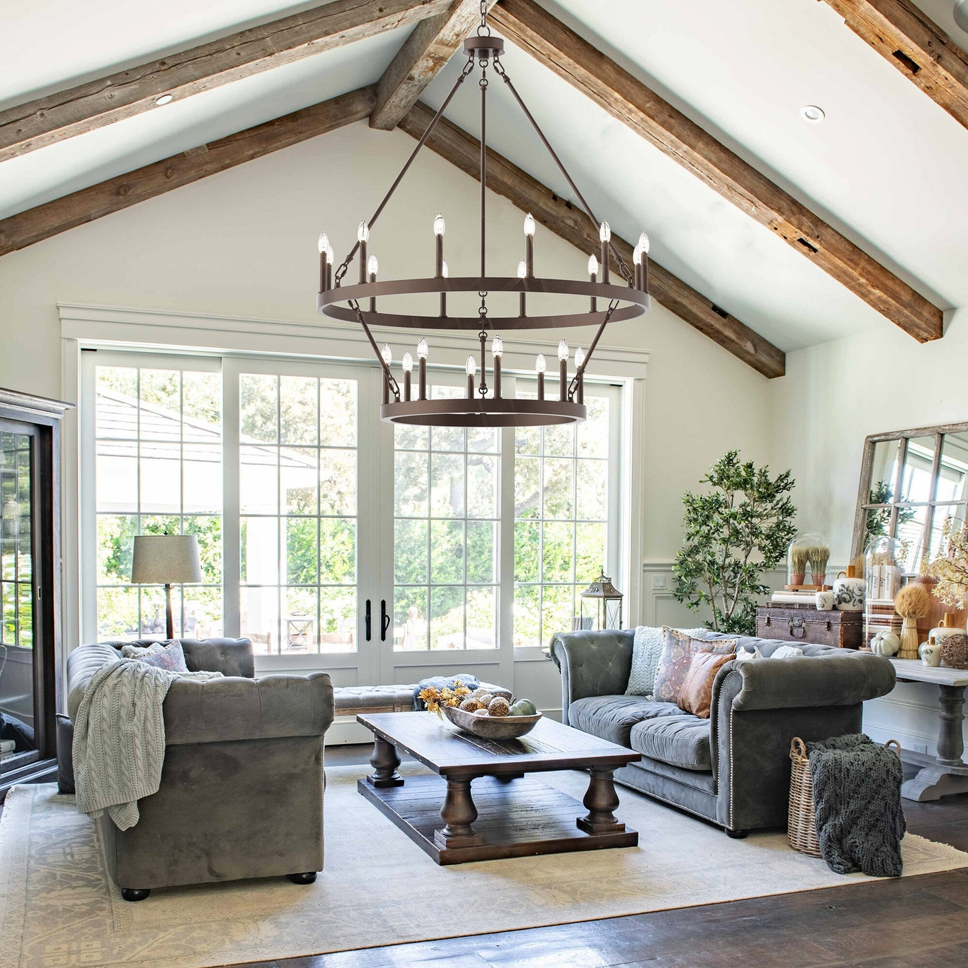 Lustre rond en forme de roue de chariot de style ferme moderne Acroma à 20 lumières de 40 po avec UL