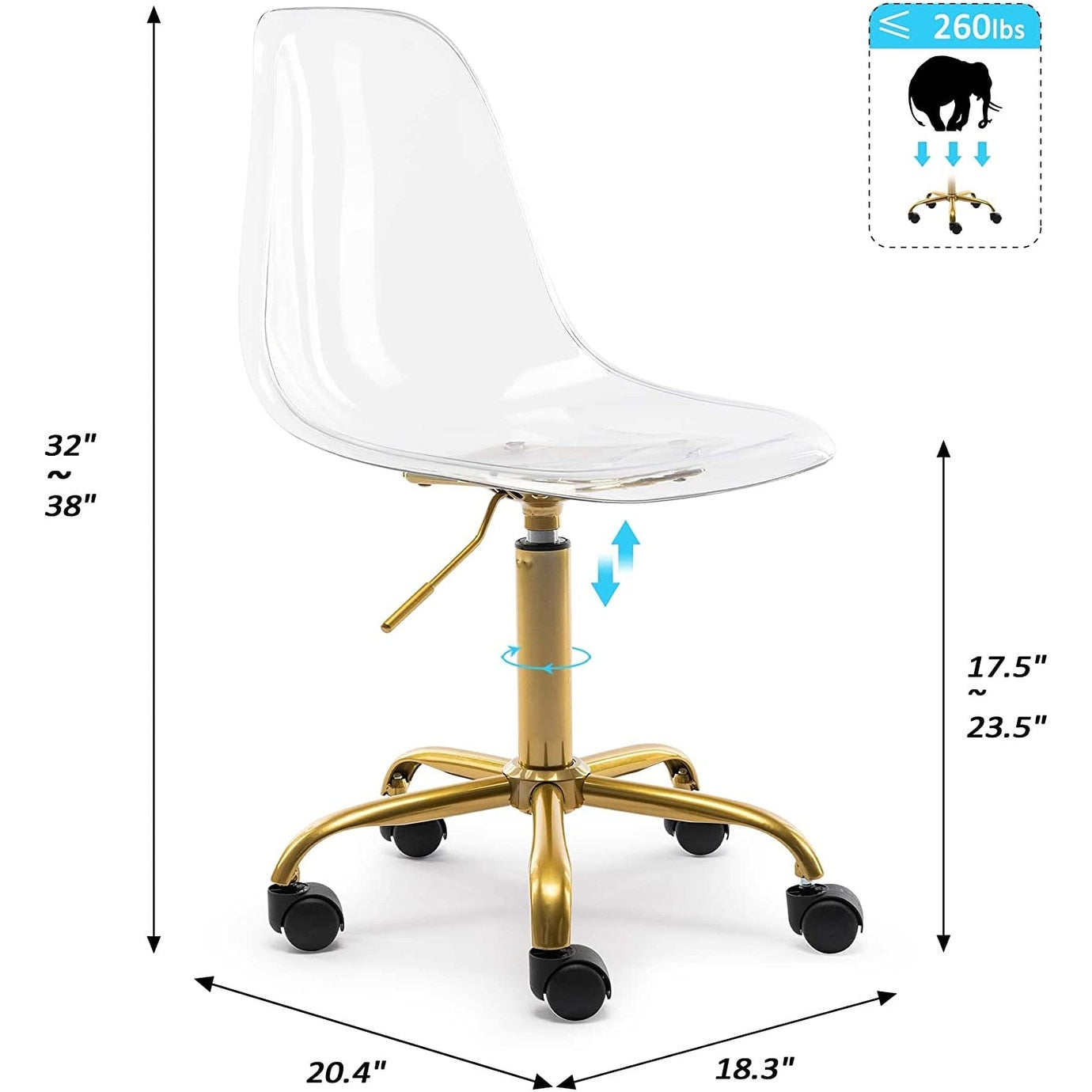 Chaise de bureau pivotante en acrylique à hauteur réglable sans accoudoirs