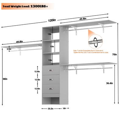 Rackcog Organiseur de placard réglable de 120 pouces avec tiroirs, système de placard avec étagères de bricolage pour placards et dressings