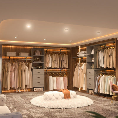 Rackcog Organiseur de placard réglable de 120 pouces avec tiroirs, système de placard avec étagères de bricolage pour placards et dressings