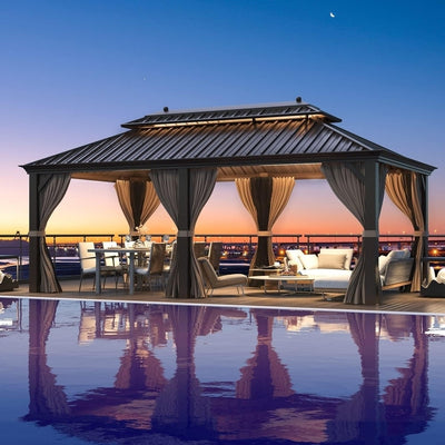 Tonnelle à toit rigide Erommy avec cadre en aluminium et double toit, tonnelle extérieure permanente avec rideaux et filets pour patio et arrière-cour