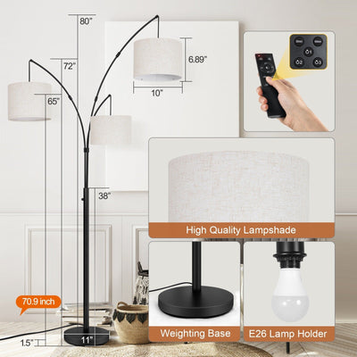 Lampadaire LED Arc à intensité variable, moderne, noir, 3 lampes, haut et arqué