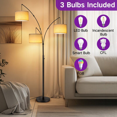 Lampadaire LED Arc à intensité variable, moderne, noir, 3 lampes, haut et arqué