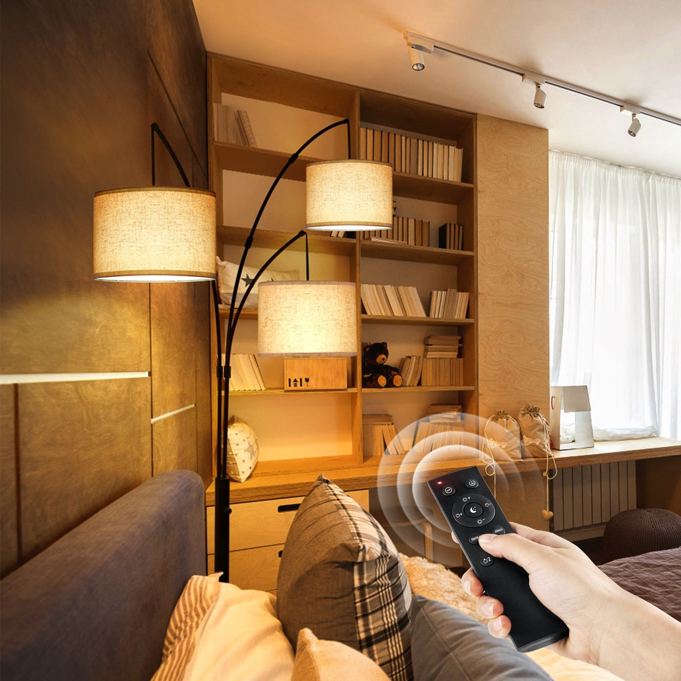 Lampadaire LED Arc à intensité variable, moderne, noir, 3 lampes, haut et arqué