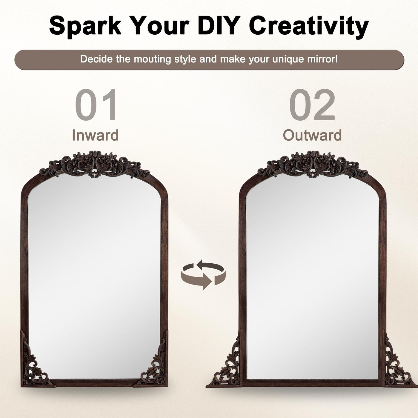 Miroir de sol sculpté en bois massif de forme arquée sur toute la longueur