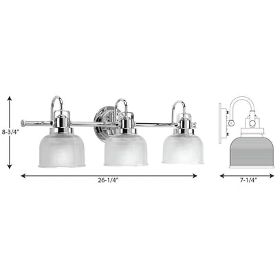 Luminaire de salle de bain côtier à trois lumières, collection Archie, en chrome poli, verre prismatique double transparent - 8,75 x 26,25 x 7,25