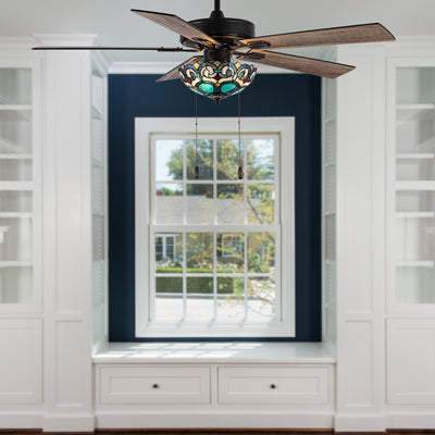 Ventilateur de plafond Astrid River of Goods, 3 lumières, 52 pouces, bronze huilé multicolore et vitrail - 52 x 52 x 14,75/19,75