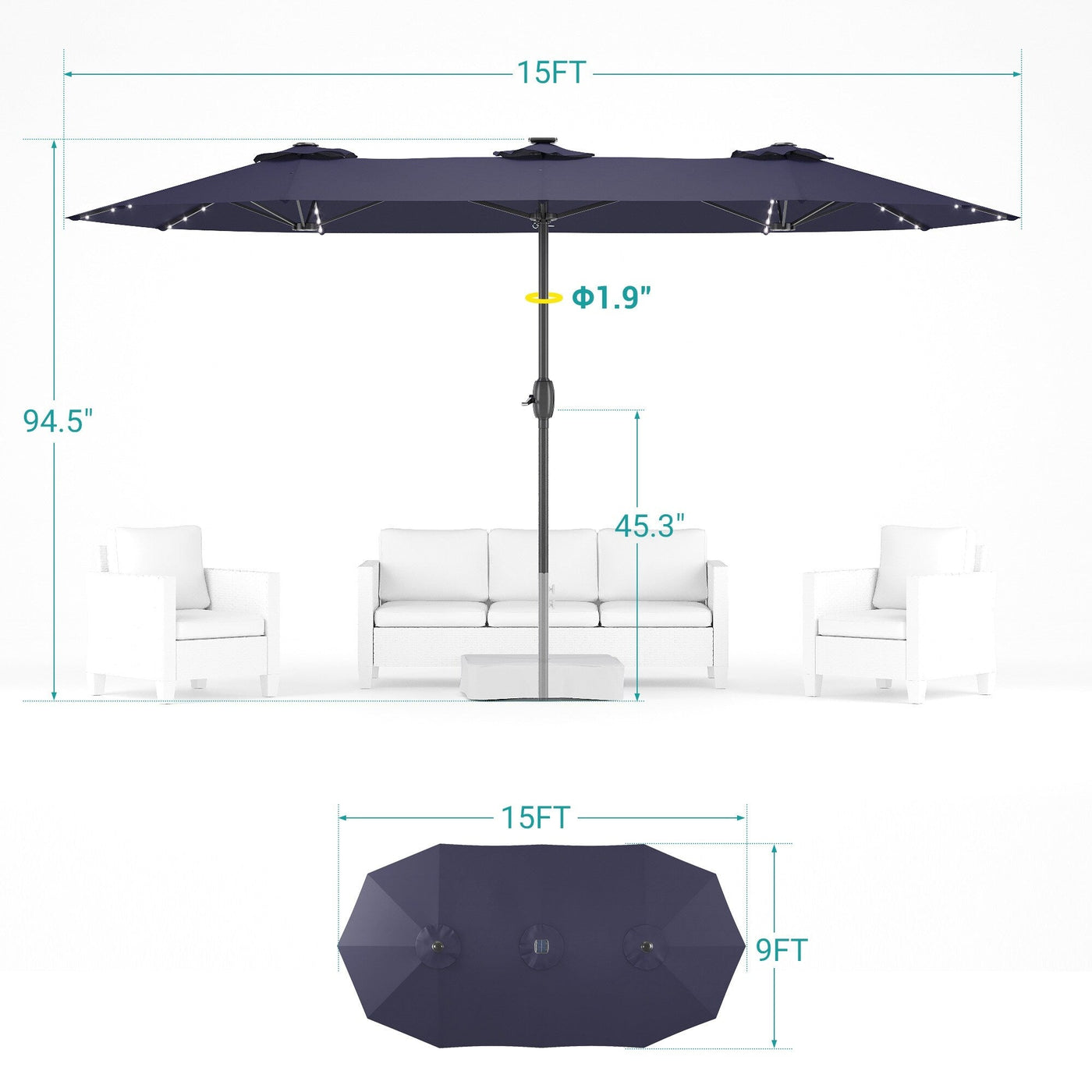 Parasol de terrasse double face à LED BONOSUKI 15x9 pieds, grand auvent en aluminium