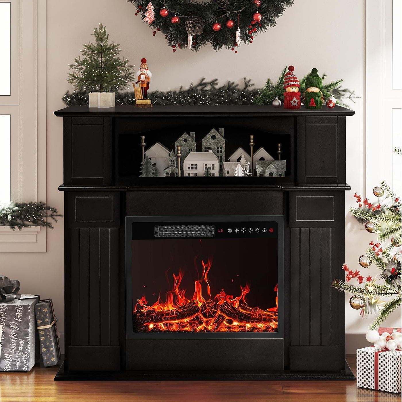Cheminée électrique Bossin 43 avec manteau, insert de cheminée électrique de 23 pouces, meuble TV autonome avec foyer en bois