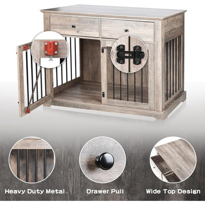 Cage pour chien Bossin de 111 cm de large, table d'appoint en bois avec tiroirs de rangement, niche décorative pour animaux de compagnie.