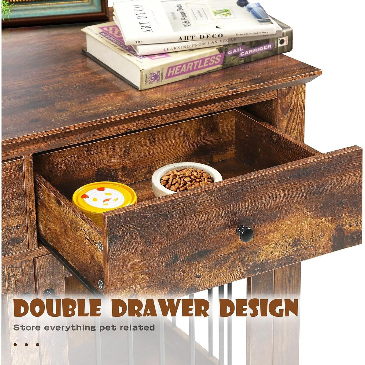 Cage pour chien Bossin de 111 cm de large, table d'appoint en bois avec tiroirs de rangement, niche décorative pour animaux de compagnie.