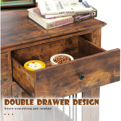 Cage pour chien Bossin de 111 cm de large, table d'appoint en bois avec tiroirs de rangement, niche décorative pour animaux de compagnie.