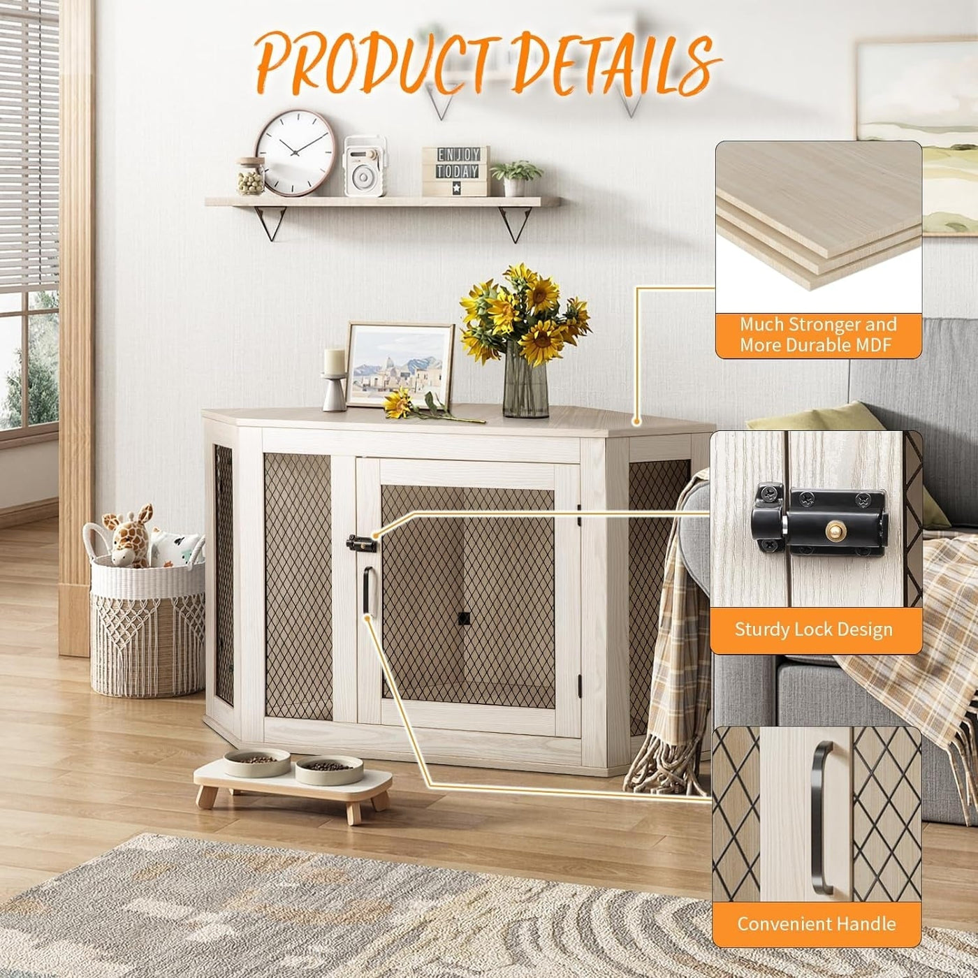 Niche d'angle pour chien Bossin, niche en bois de 44/52 pouces avec filet, niche décorative en bois pour chien, idéale pour l'intérieur