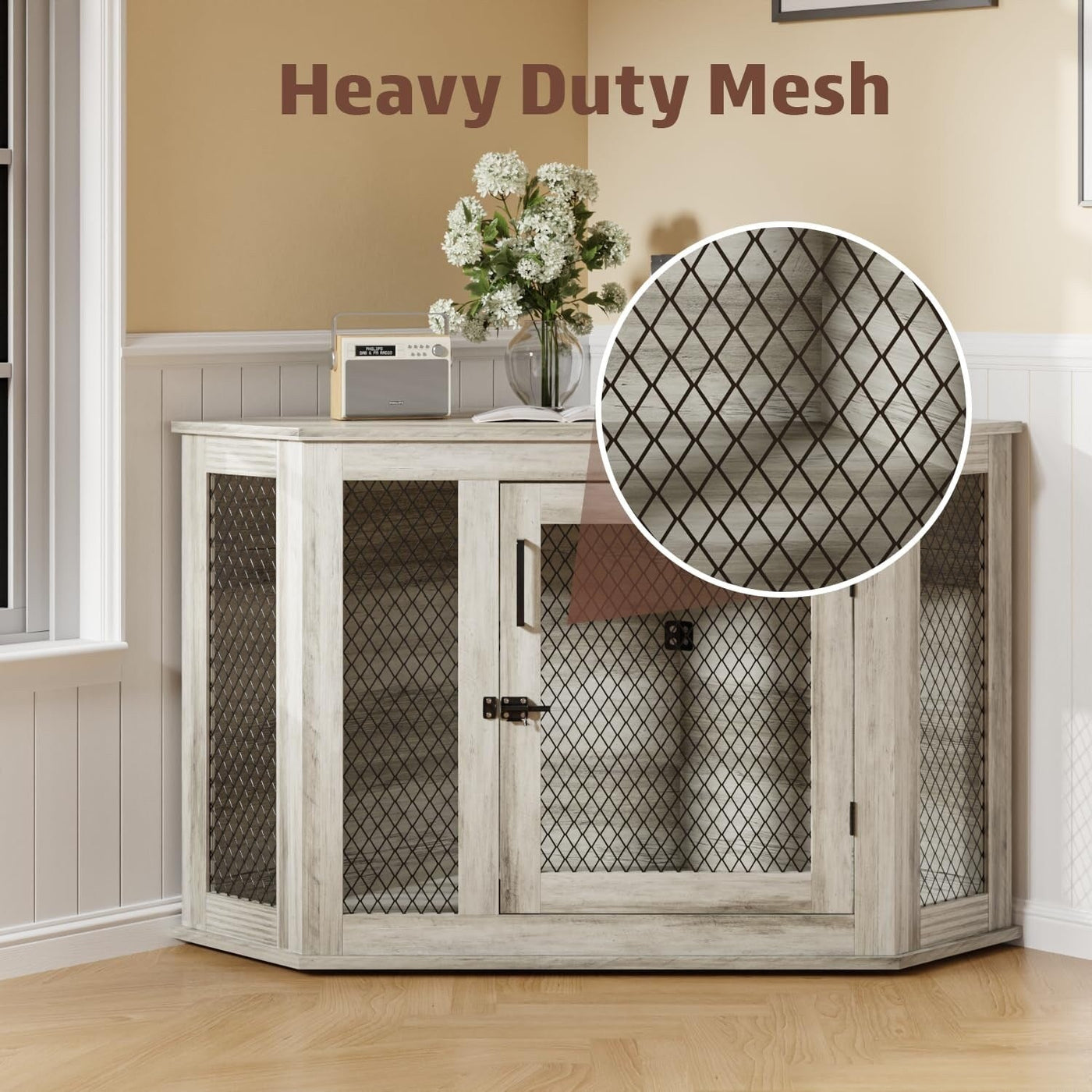 Niche d'angle pour chien Bossin, niche en bois de 44/52 pouces avec filet, niche décorative en bois pour chien, idéale pour l'intérieur