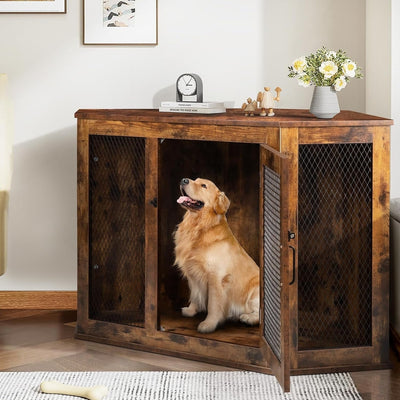 Niche d'angle pour chien Bossin, niche en bois de 44/52 pouces avec filet, niche décorative en bois pour chien, idéale pour l'intérieur