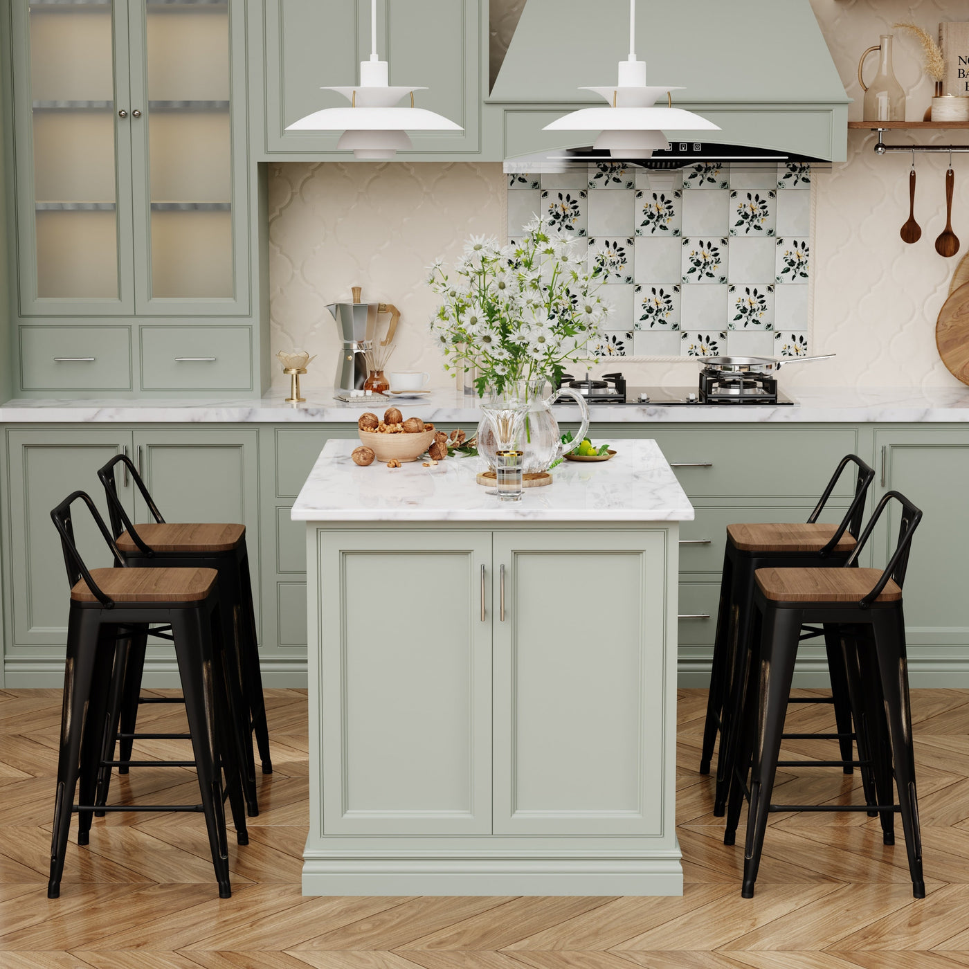 Lot de 4 tabourets de bar industriels en métal avec dossier et assise en bois