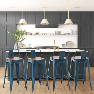 Lot de 4 tabourets de bar industriels en métal avec dossier et assise en bois