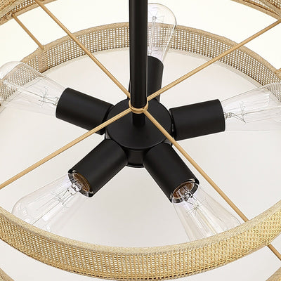 Lustre tambour côtier noir Bayou à 5 lumières avec double abat-jour en rotin - 24 po de largeur