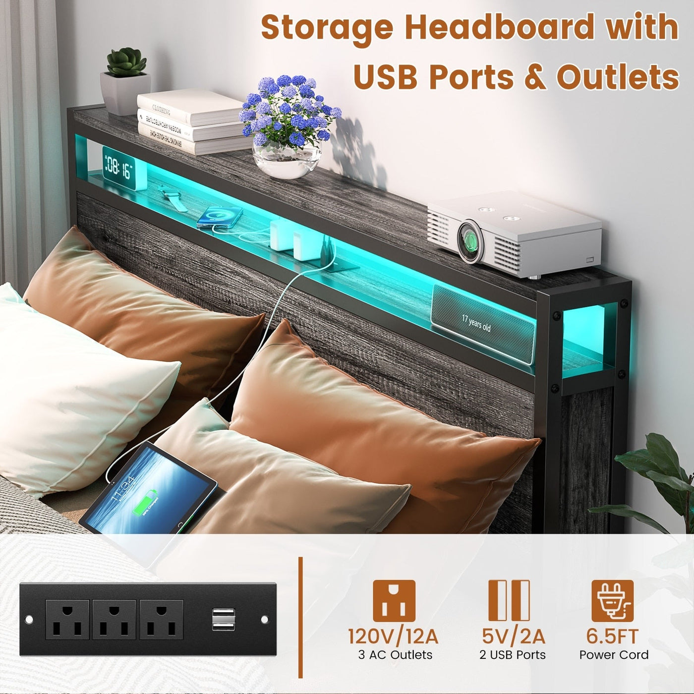 Cadre de lit plateforme en bois de style ferme avec station de charge et lumières LED