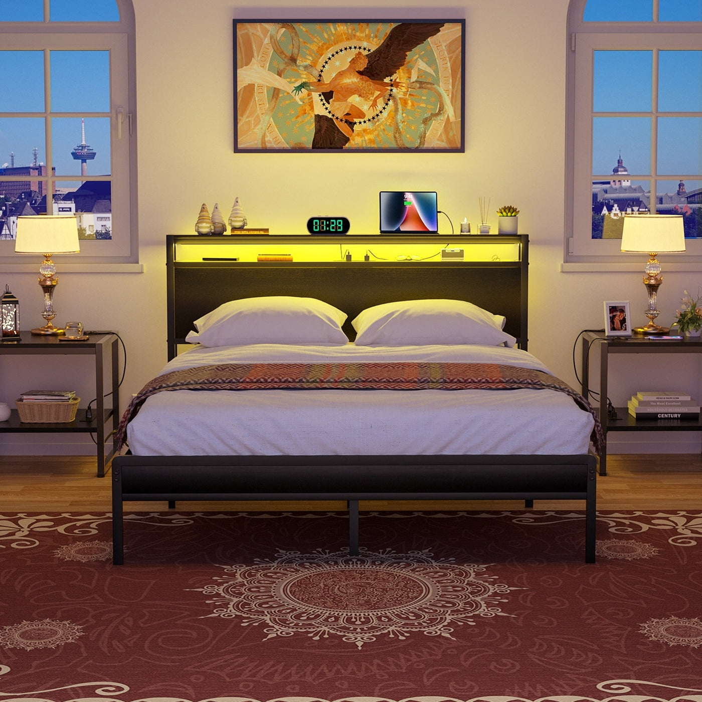 Cadre de lit plateforme en bois de style ferme avec station de charge et lumières LED