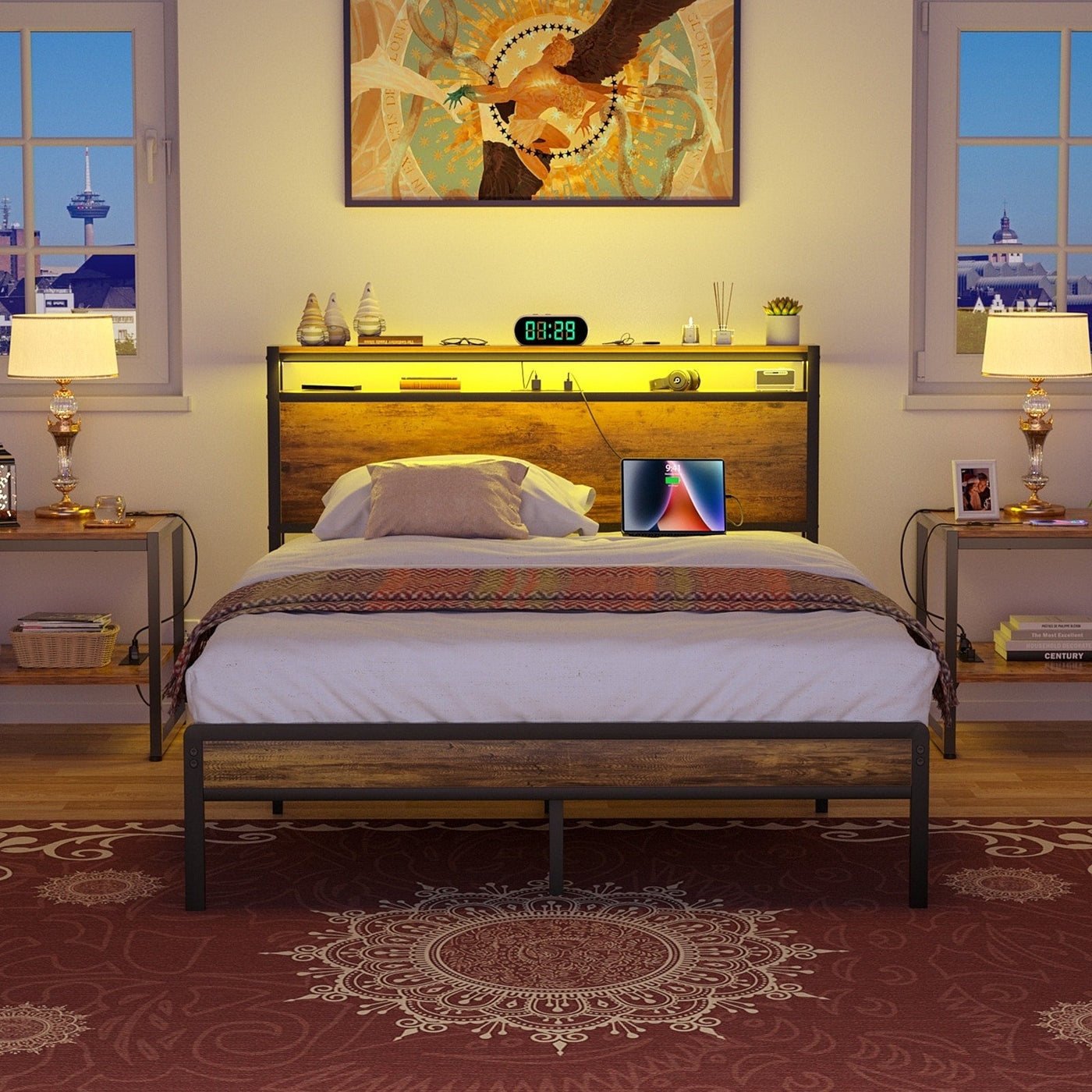 Cadre de lit plateforme en bois de style ferme avec station de charge et lumières LED