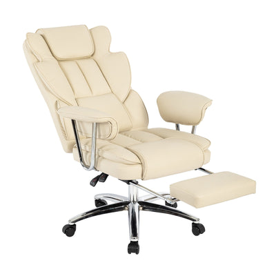 Fauteuil de bureau inclinable ergonomique pivotant à 360° en cuir reconstitué beige avec dossier haut et support lombaire, repose-pieds et hauteur réglable
