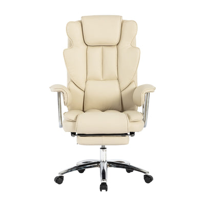 Fauteuil de bureau inclinable ergonomique pivotant à 360° en cuir reconstitué beige avec dossier haut et support lombaire, repose-pieds et hauteur réglable