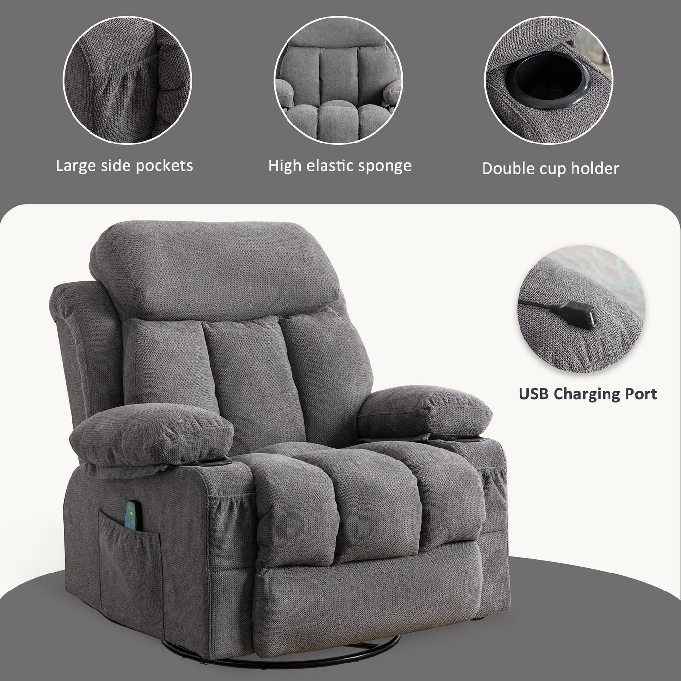 Fauteuil inclinable pivotant beige avec massage, chauffage et chargement USB