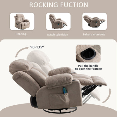 Fauteuil inclinable pivotant beige avec massage, chauffage et chargement USB