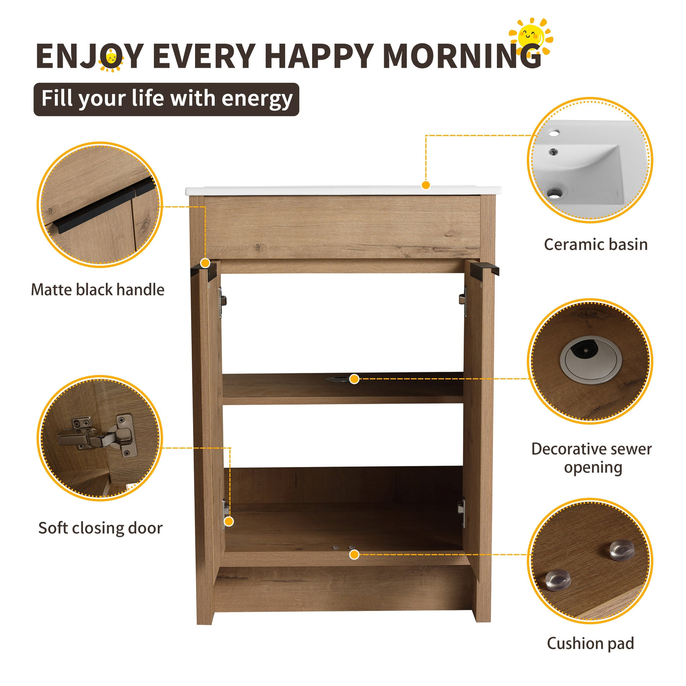 Beingnext Meuble-lavabo 24/30/36 avec porte à fermeture douce et étagère réglable