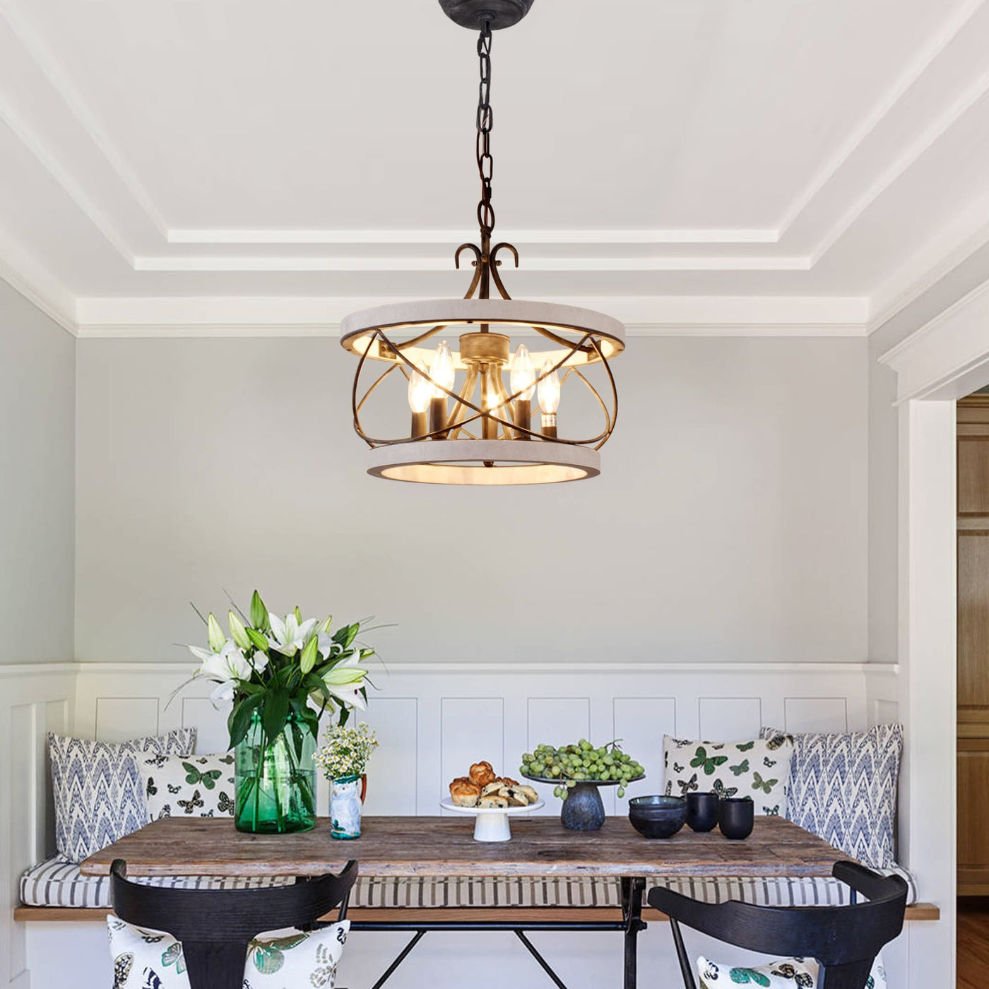 Lustre cage rustique en bois Bella Depot à 5 lumières, éclairage à intensité variable, suspension réglable de 15,7 pouces pour îlot de cuisine