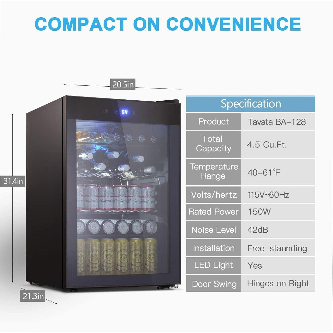 Cave à vin de 4,4 pi³ avec éclairage LED et boutons tactiles, étagères amovibles, moins de 38 dB