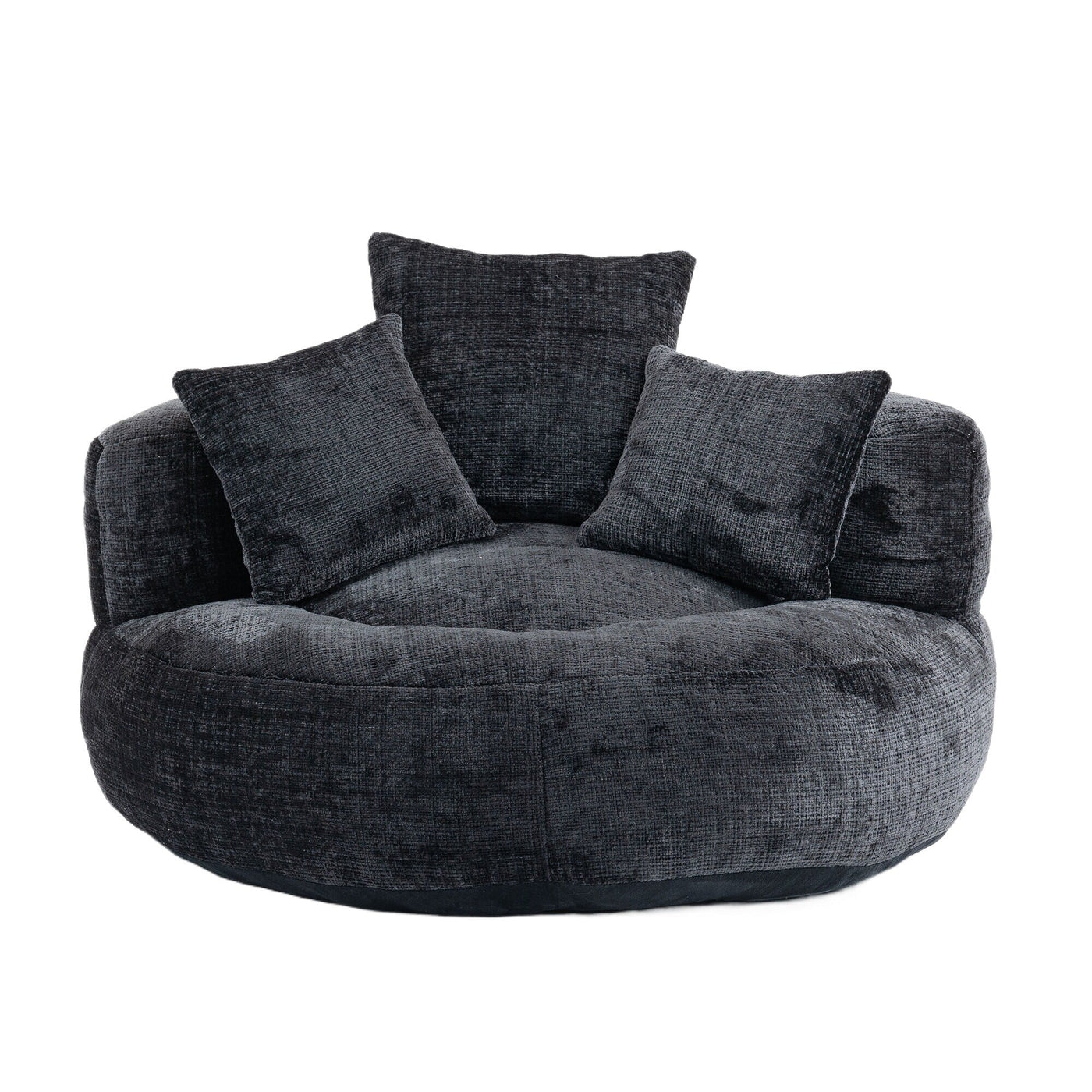 Pouf simple surdimensionné en chenille noir de 42,52 pouces avec trois oreillers pour chambre à coucher