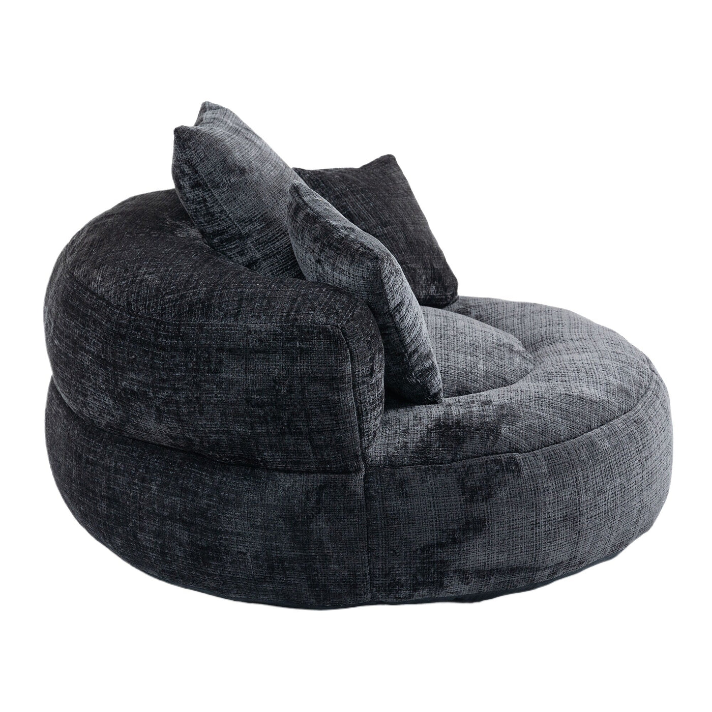Pouf simple surdimensionné en chenille noir de 42,52 pouces avec trois oreillers pour chambre à coucher