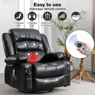Fauteuil inclinable pivotant noir avec chauffage, massage et ports USB