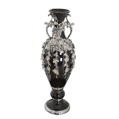 Superbe vase orné de bijoux en forme de fleuron noir et argent de 35 pouces de hauteur