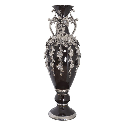Superbe vase orné de bijoux en forme de fleuron noir et argent de 35 pouces de hauteur