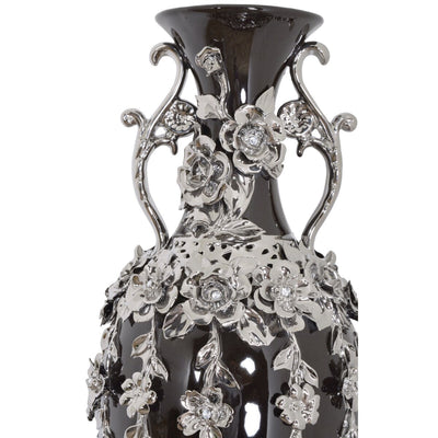 Superbe vase orné de bijoux en forme de fleuron noir et argent de 35 pouces de hauteur