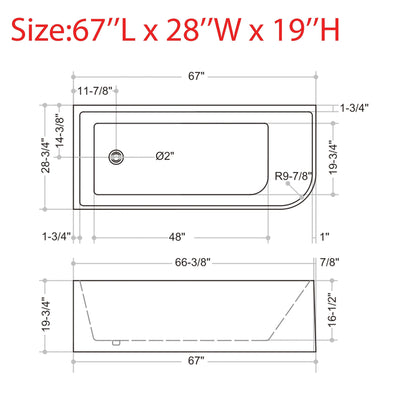 Baignoires autoportantes en acrylique CB HOME 59''/67'', baignoires simples contre le mur, trop-plein gauche/droite