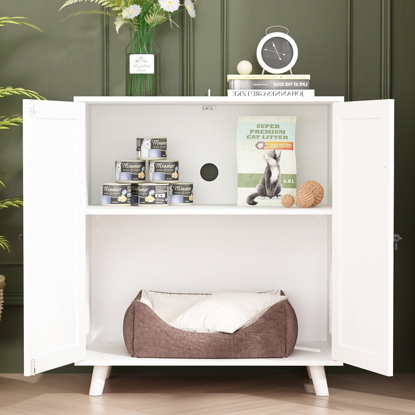 Bac à litière pour chat, maison pour chat, table d'appoint, porte, armoire, bibliothèque