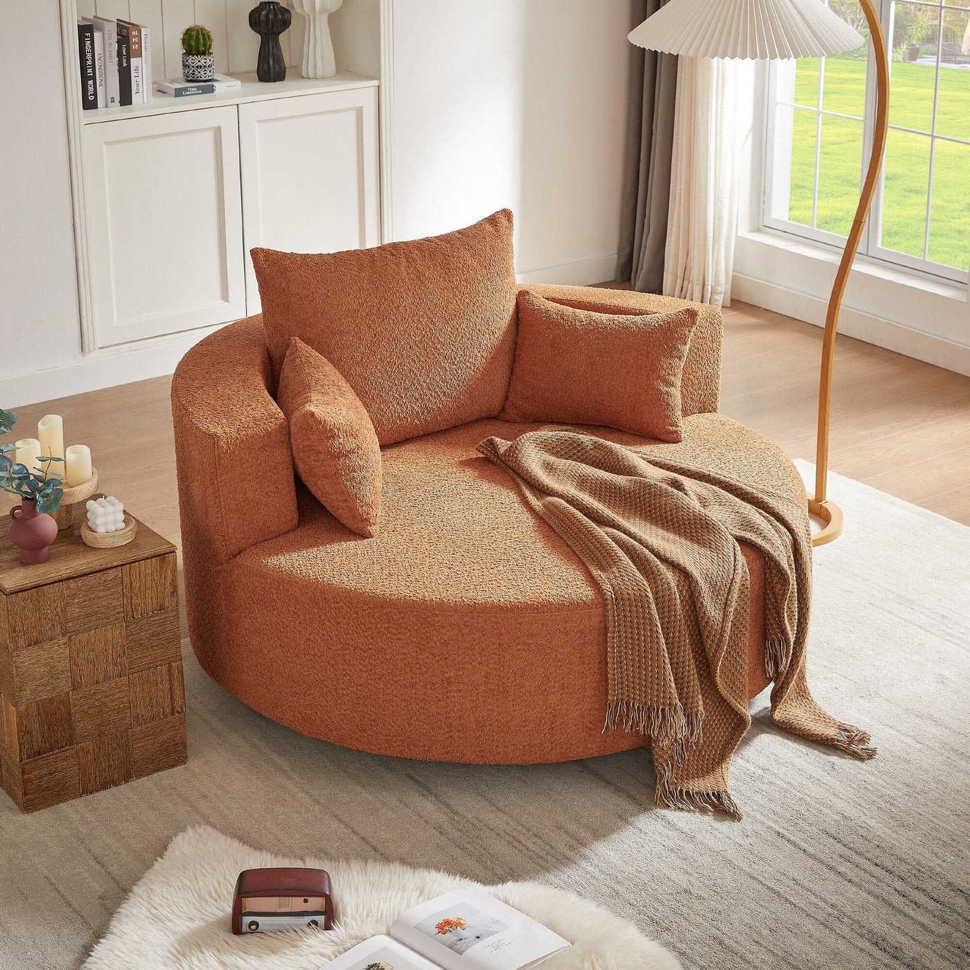 Fauteuil d'appoint en chenille, fauteuil rond avec base pivotante à 360 degrés et 3 coussins amovibles
