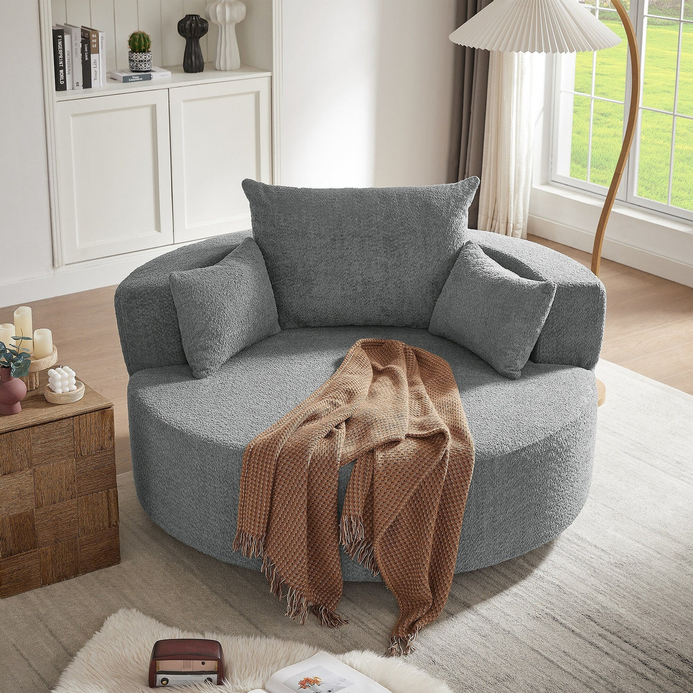 Fauteuil d'appoint en chenille, fauteuil rond avec base pivotante à 360 degrés et 3 coussins amovibles