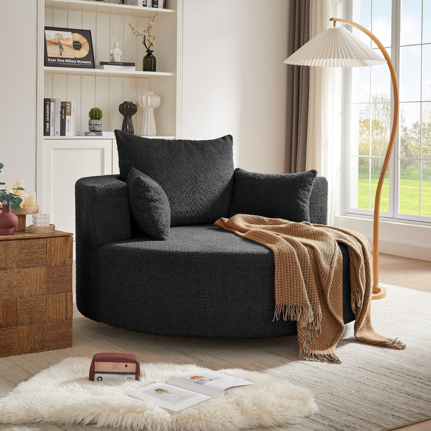 Fauteuil d'appoint en chenille, fauteuil rond avec base pivotante à 360 degrés et 3 coussins amovibles
