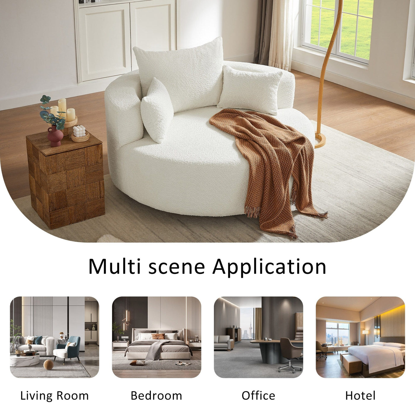 Fauteuil d'appoint en chenille, fauteuil rond avec base pivotante à 360 degrés et 3 coussins amovibles