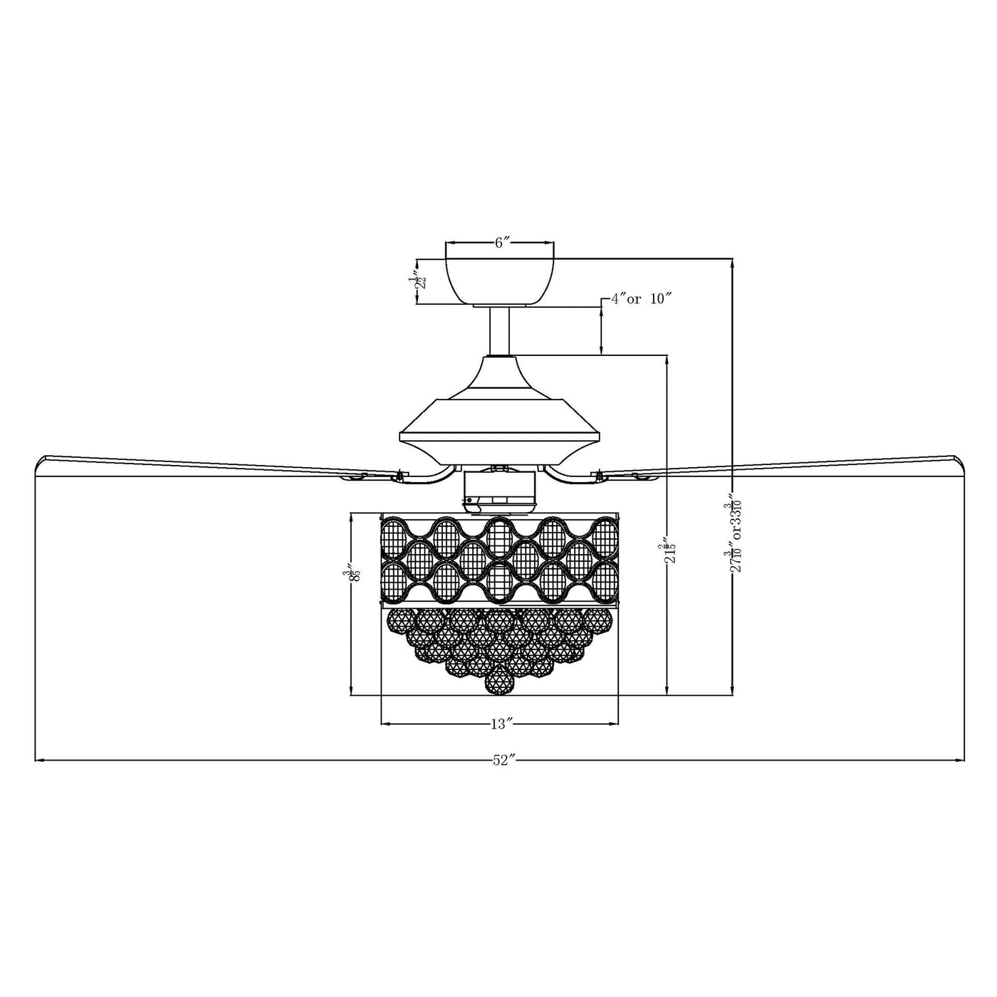 Lustre/ventilateur de plafond à 4 lumières en chrome/cristal avec télécommande
