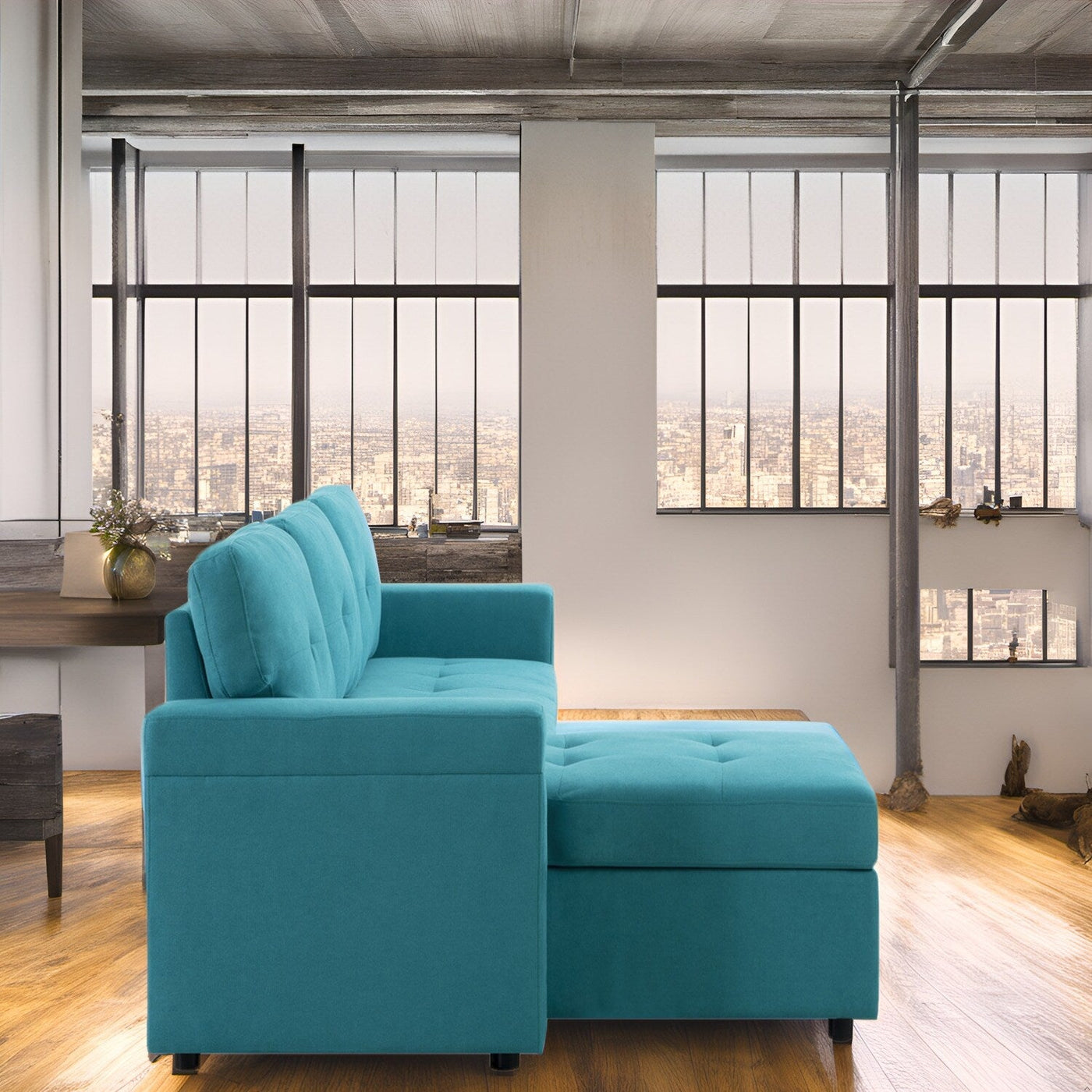 Canapé sectionnel convertible réversible avec lit gigogne, méridienne avec rangement dissimulé et pieds robustes