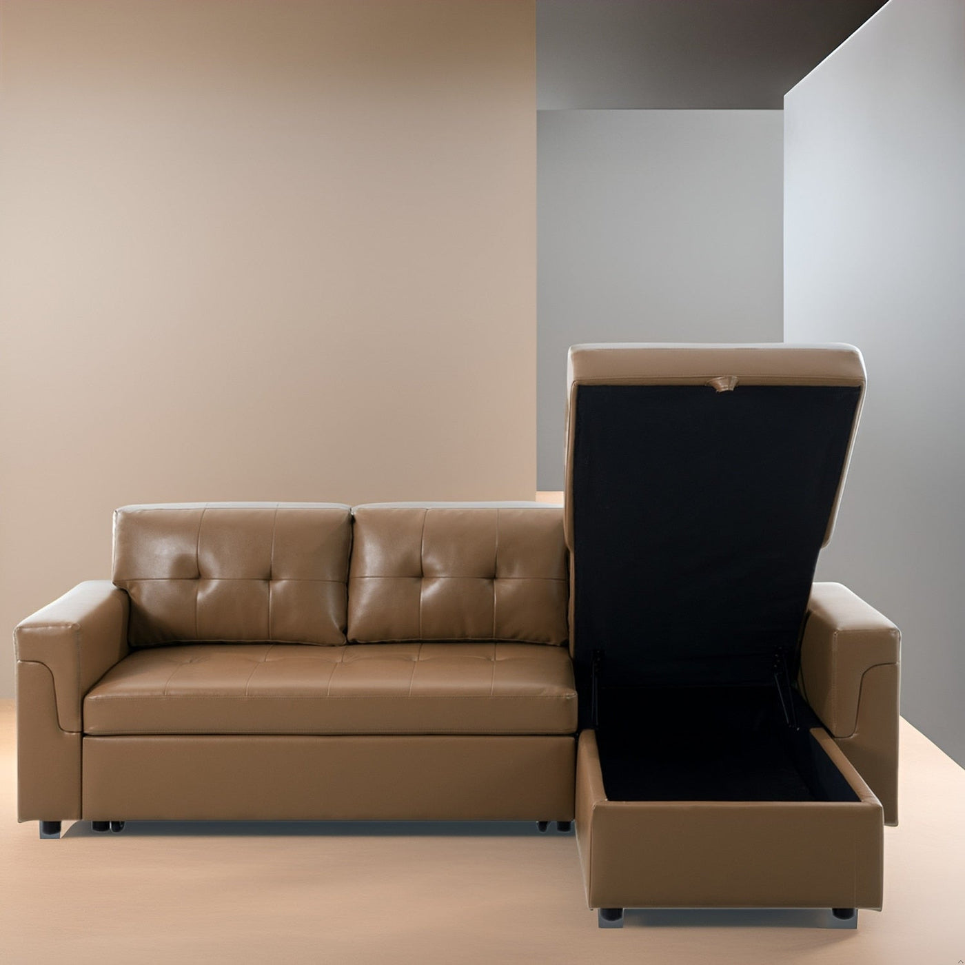 Canapé sectionnel convertible réversible avec lit gigogne, méridienne avec rangement dissimulé et pieds robustes